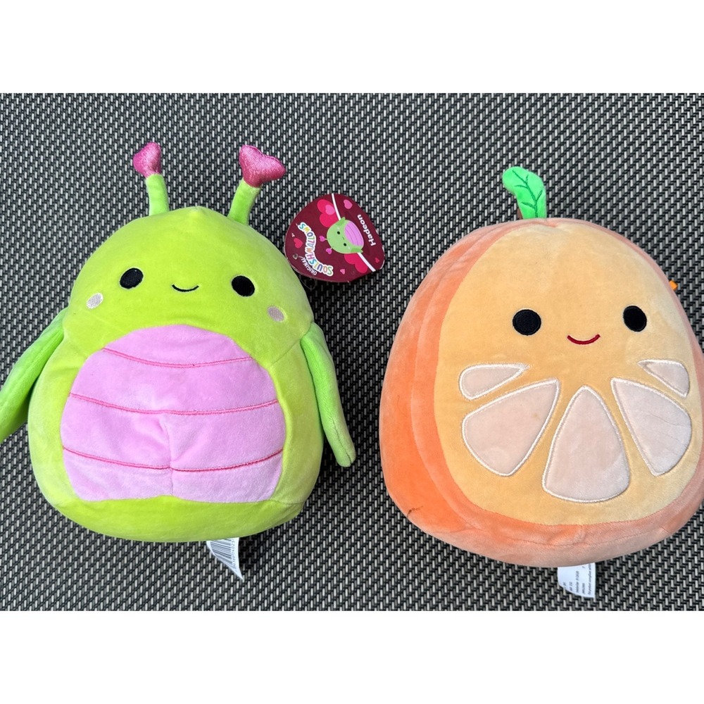 2 Squishmallows‎ Hadeon Grasshopper Pink Belly Hearts NWT & Orin The Orange Used
